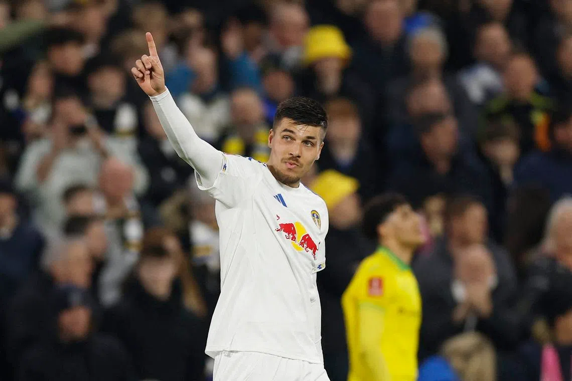 Soccer Football - FA Cup - Fifth Round - Leeds United v Norwich City - Elland Road, Leeds, Britain - March 8, 2026 Leeds United's Joel Piroe celebrates scoring their third goal Action Images via Reuters/Jason Cairnduff