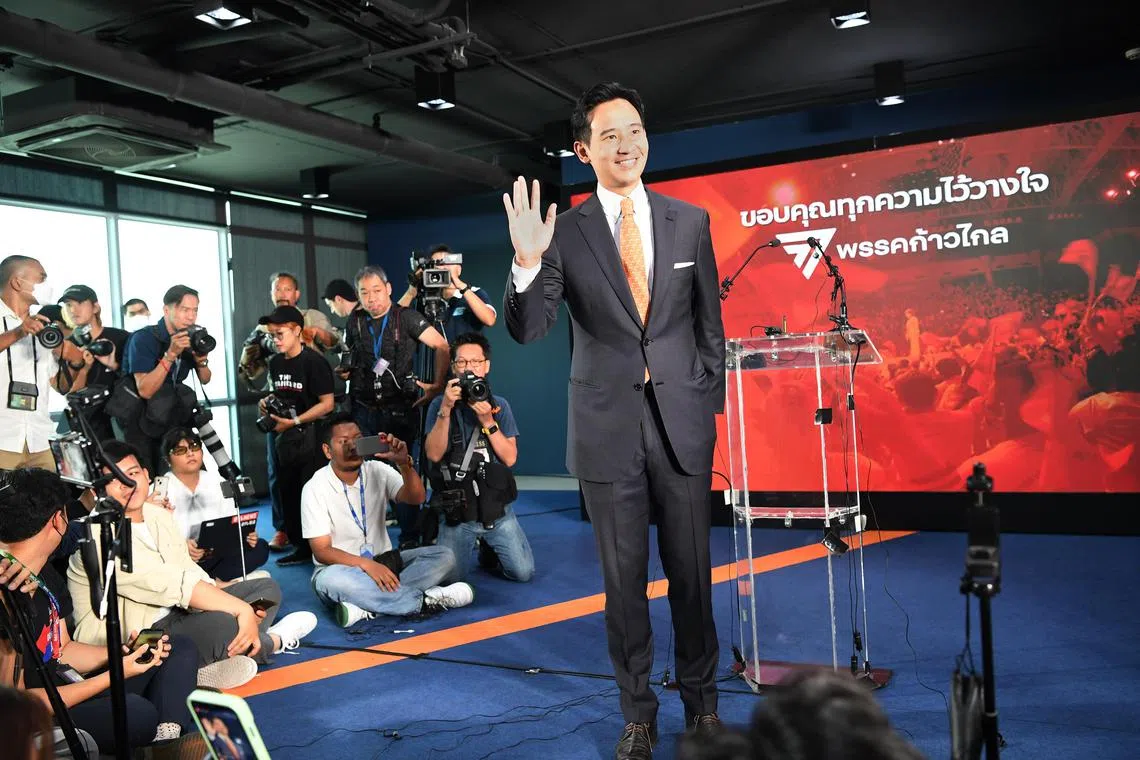 Mr Pita Limjaroenrat greeting the media after leading the Move Forward Party to victory in Thailand's general election in May.