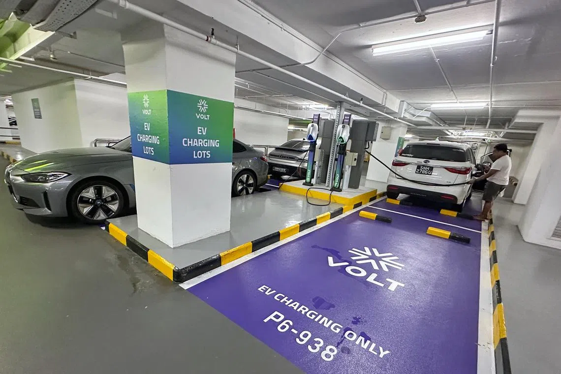 Picture taken on 28 September 2023 at Parkway Parade on EV charging service operator Volt who is imposing "idling charge" for electric vehicles who hog charging lots at Parkway Parade. This is the first local charging point operator to do so in Singapore.