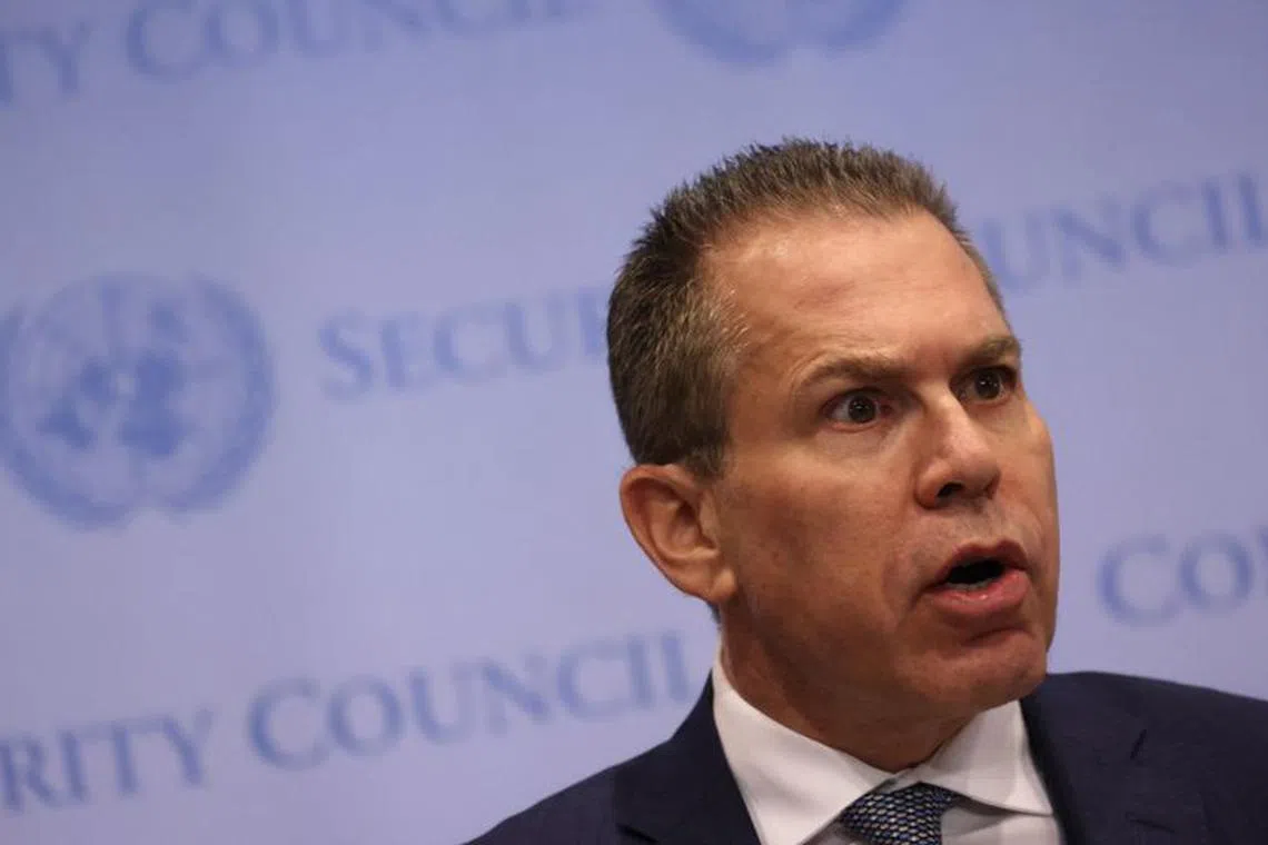 FILE PHOTO: Israel’s Ambassador to the United Nations Gilad Erdan speaks to members of the media after he addressed the United Nations Security Council during a meeting to discuss the issue of Israeli settlement activities in the occupied Palestinian territory at U.N. headquarters in New York City, New York, U.S., February 20, 2023. REUTERS/Mike Segar/File Photo
