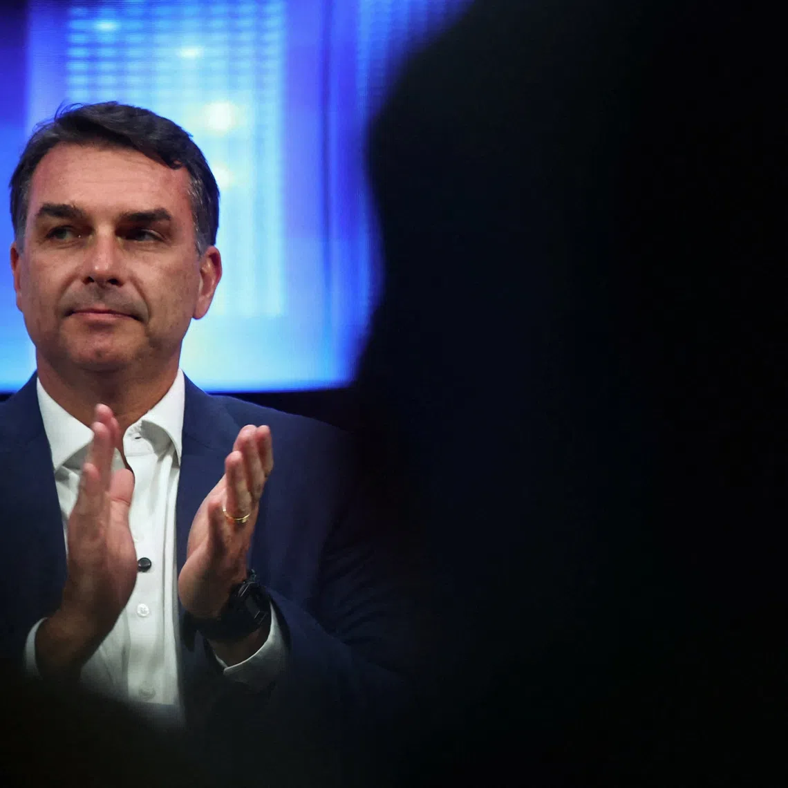 Brazilian presidential candidate Flavio Bolsonaro speaks at the Great Associativism Meeting in Sao Paulo, Brazil, October 13, 2026. REUTERS/Jean Carniel