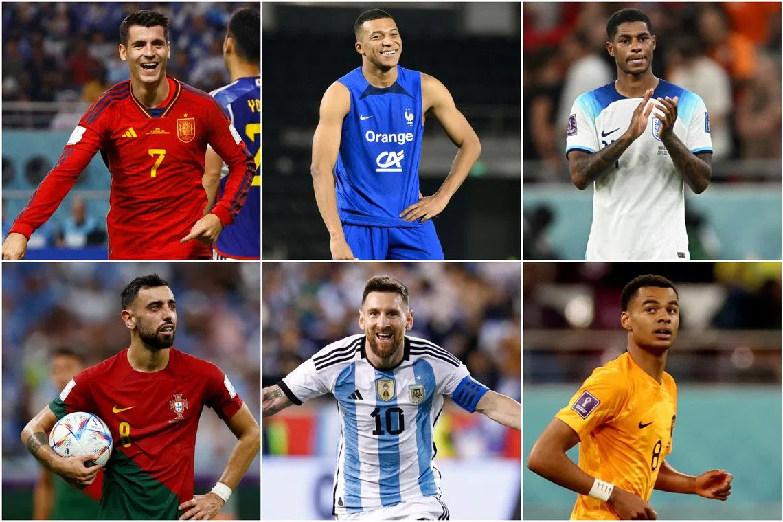(Clockwise from top left) Alvaro Morata, Kylian Mbappe, Marcus Rashford, Cody Gakpo, Lionel Messi and Bruno Fernandes are among those in the race.