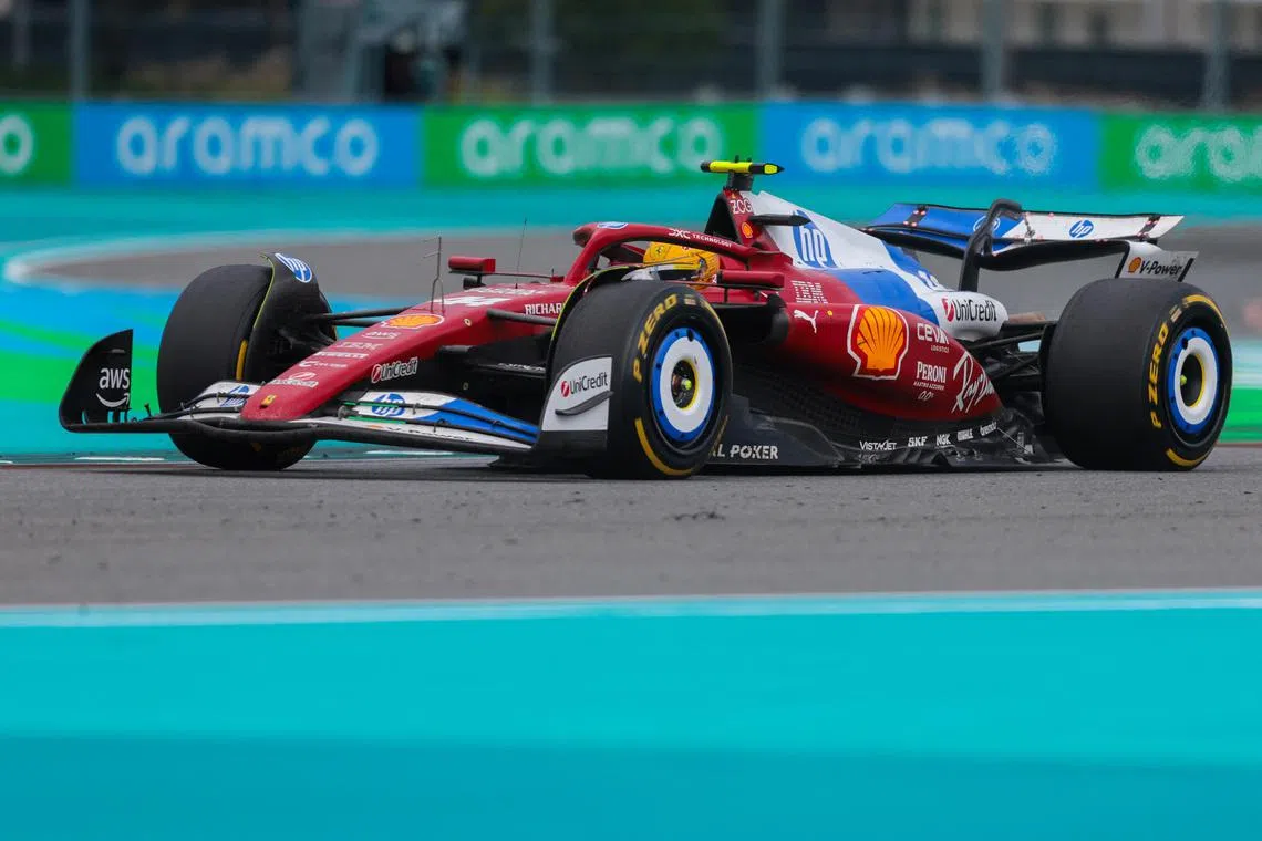 Ferrari driver Lewis Hamilton finished eighth at the Miami Grand Prix on May 4.