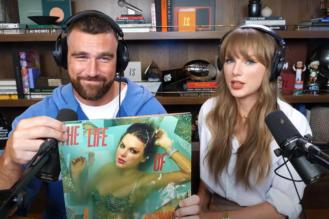 Travis Kelce and Taylor Swift announcing her new album The Life Of A Showgirl on the Aug 13 episode of the New Heights podcast.