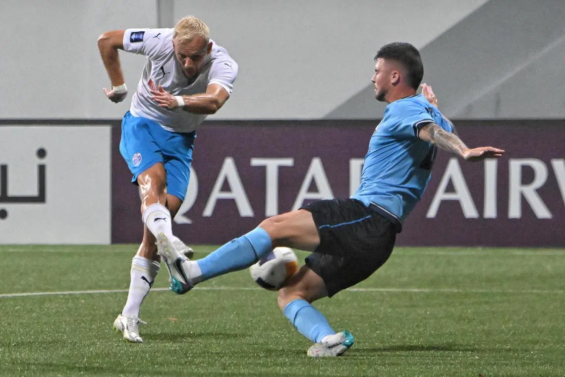 Sydney FC's Alexandar Popovic attempting to block an effort by Lion City Sailors forward Lennart Thy during the Asian Champions League Two semi-final, first leg at Jalan Besar Stadium on April 9, 2025.