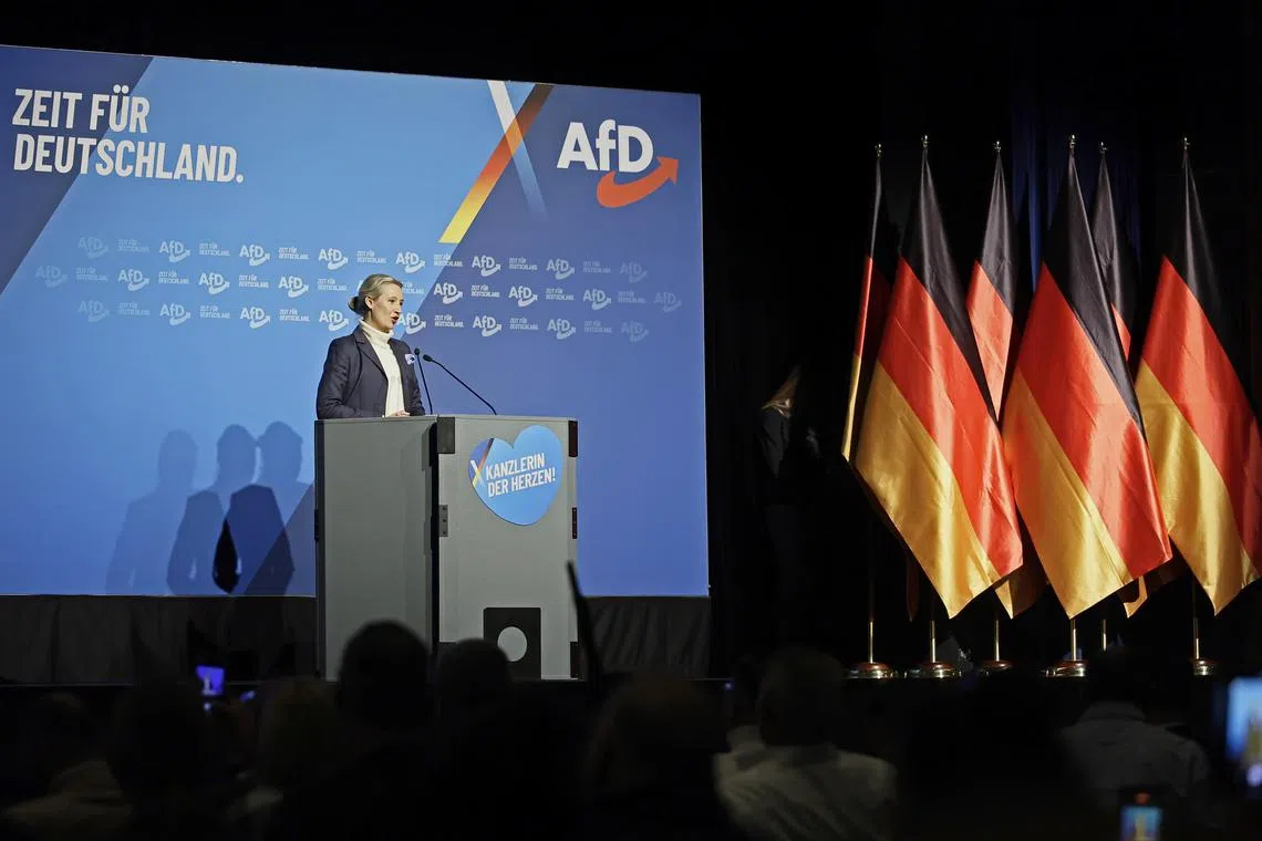 Alternative for Germany (AfD) party and faction co-chairwoman and top candidate for the federal election Alice Weidel delivers a speech on Feb 1.
