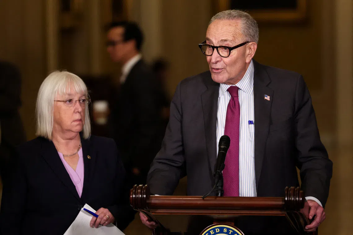 U.S. Senate Minority Leader Chuck Schumer (D-NY) speaks to reporters, as Senate Democratic leaders hold a press conference following their weekly policy lunch and weeks into the continuing U.S. government shutdown on Capitol Hill in Washington, D.C., U.S., October 21, 2025. REUTERS/Kylie Cooper