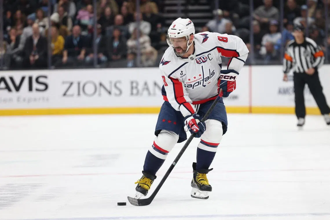 Nov 18, 2024; Salt Lake City, Utah, USA; Washington Capitals left wing Alex Ovechkin (8) skates with the puck against against the Utah Hockey Club during the first period at Delta Center. Mandatory Credit: Rob Gray-Imagn Images/ File Photo