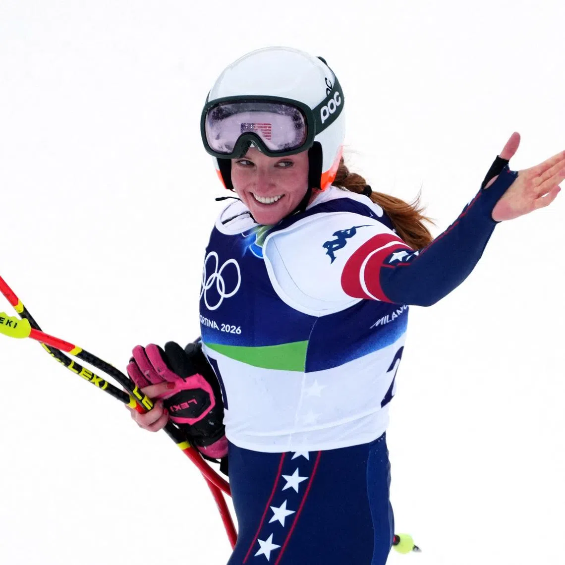 Milano Cortina 2026 Olympics - Alpine Skiing - Women's Super-G - Tofane Alpine Skiing Centre, Belluno, Italy - February 12, 2026.  Breezy Johnson of United States reacts after her run during Women's Super-G REUTERS/Aleksandra Szmigiel