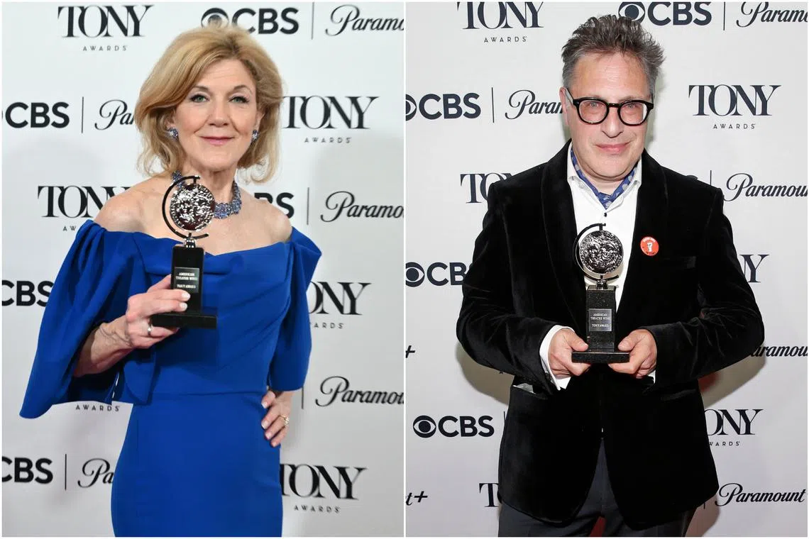 Victoria Clark (left) won Best Performance by an Actress in a Leading Role in a Musical for Kimberly Akimbo while English director Patrick Marber won Best Direction of a Play for Leopoldstadt.