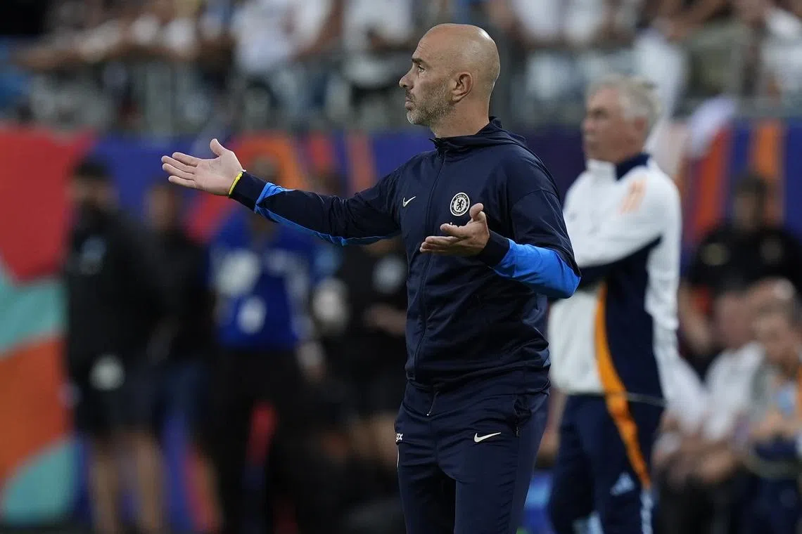 FILE PHOTO: Aug 6, 2024; Charlotte, NC, USA; Chelsea head coach Enzo Maresca  during the first half against the Real Madrid at Bank of America Stadium. Mandatory Credit: Jim Dedmon-USA TODAY Sports/File photo