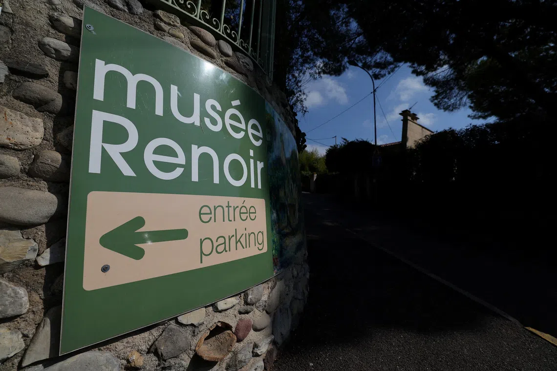 A sign indicates the entrance of the Renoir Museum after four paintings were stolen by thieves in an early-morning break-in, with two recovered nearby, in Cagnes-sur-Mer, on the French Riviera, France, September 8, 2026. REUTERS/Manon Cruz