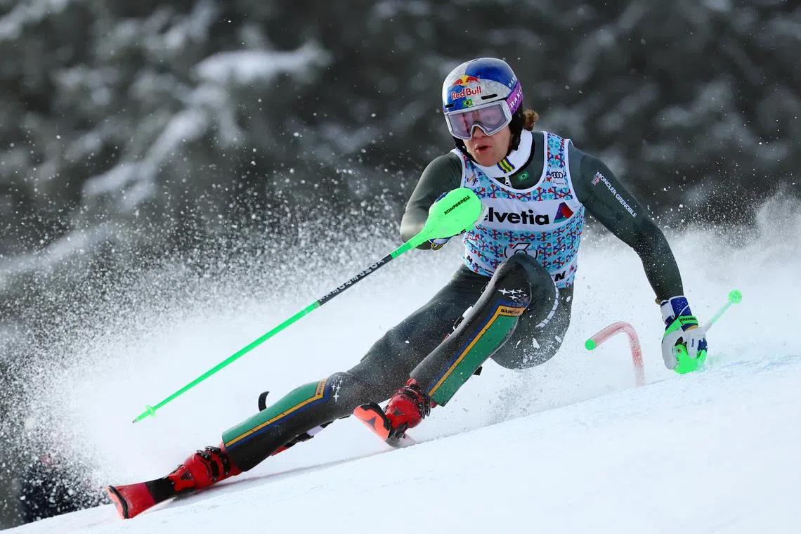 Alpine Skiing - FIS Alpine Ski World Cup - Men's Slalom - Adelboden, Switzerland - January 11, 2026 Brazil's Lucas Pinheiro Braathen in action during the first run REUTERS/Christian Hartmann
