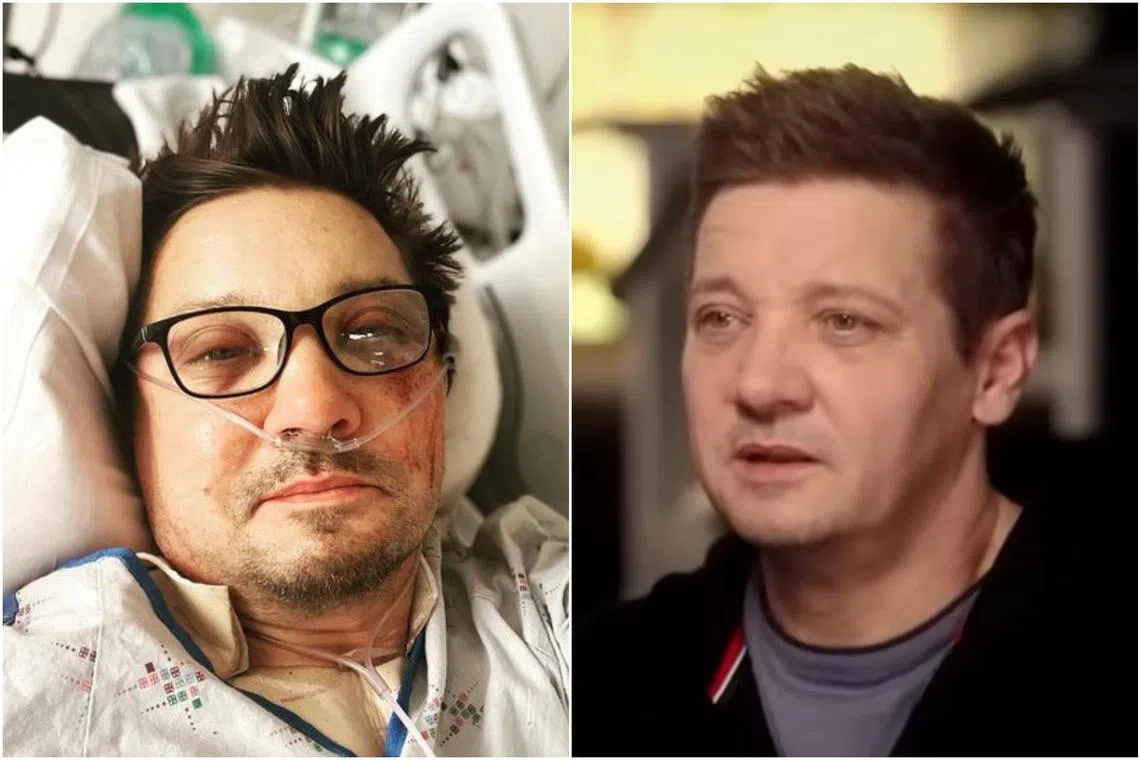 Actor Jeremy Renner in the first photo he posted after the accident (left) and in the recent interview with ABC News.