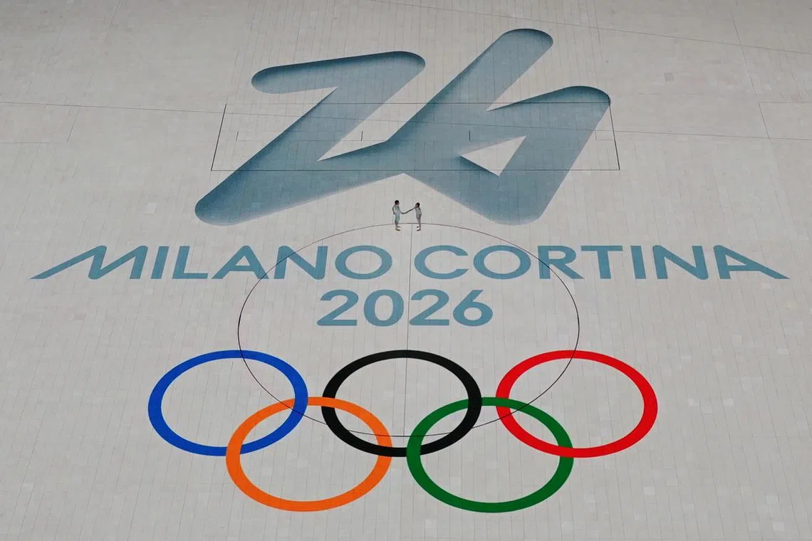 FILE PHOTO: 2022 Beijing Olympics - Closing Ceremony - National Stadium, Beijing, China - February 20, 2022. The 2026 Milano Cortina Winter Olympics logo is displayed during the closing ceremony. REUTERS/Fabrizio Bensch/File Photo
