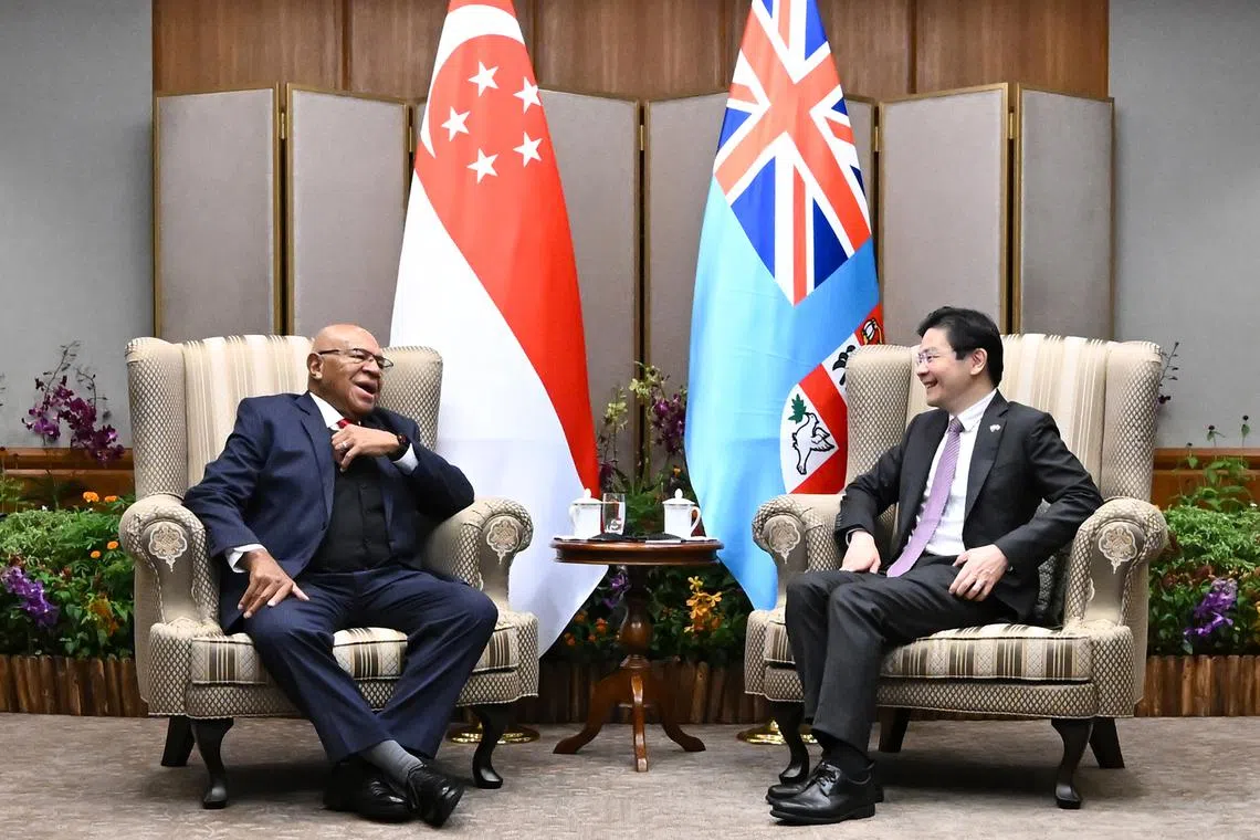 PM Lawrence Wong meeting his Fijian counterpart, Mr Sitiveni Rabuka, on April 22. Mr Rabuka is on an official visit to Singapore from April 21 to 23.