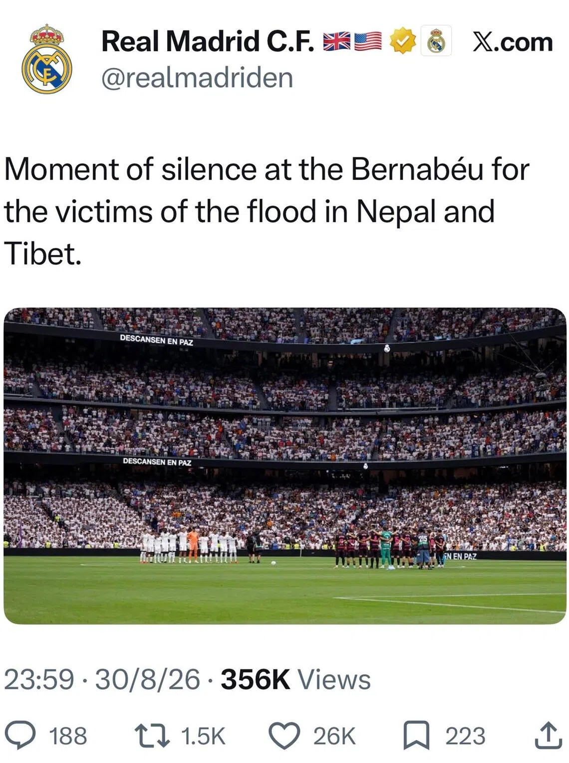 A screengrab image of Spanish football club Real Madrid’s X post on Aug 30. The post appears to have since been taken down.