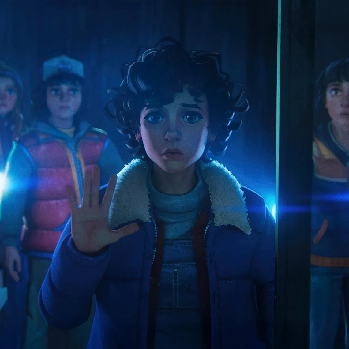 Stranger Things: Tales From '85 features (from left) Benjamin Plessala as Will, Jolie Hoang-Rappaport as Max, Braxton Quinney as Dustin, Brooklyn Davey Norstedt as Eleven, Luca Diaz as Mike and Elisha Williams as Lucas.