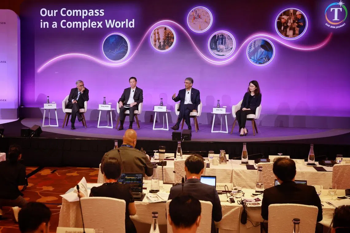 (From left) Temasek’s chief investment officer Rohit Sipahimalani, deputy CEO Chia Song Hwee, executive director and CEO Dilhan Pillay Sandrasegara and chief financial officer Png Chin Yee at the annual Temasek Review  on July 11.