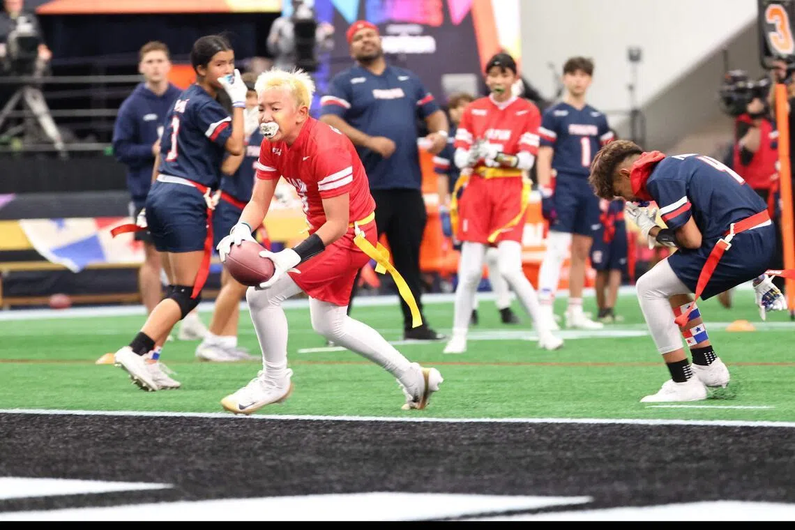Team Japan celebrates during the game against Team Panama during the 2026 NFL Flag International Championship at Moscone Center South on Feb 3.