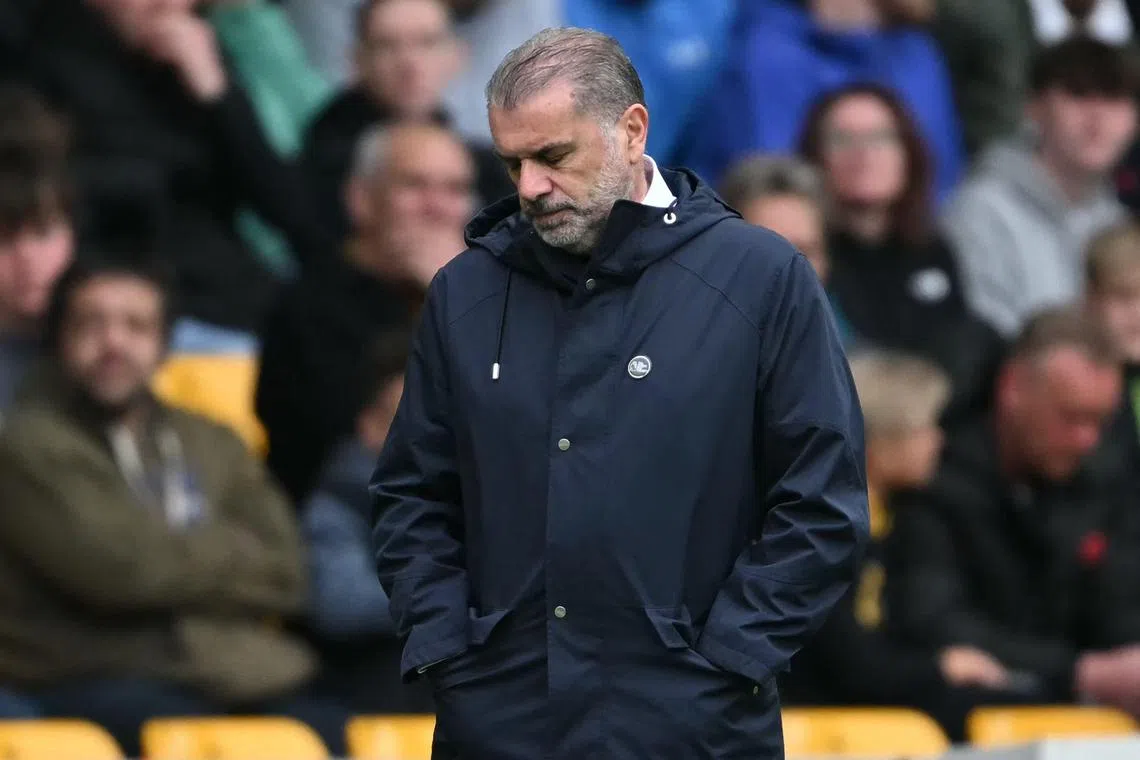 Tottenham Hotspur manager Ange Postecoglou looking dejected during the 4-2 Premier League loss to Wolverhampton Wanderers.