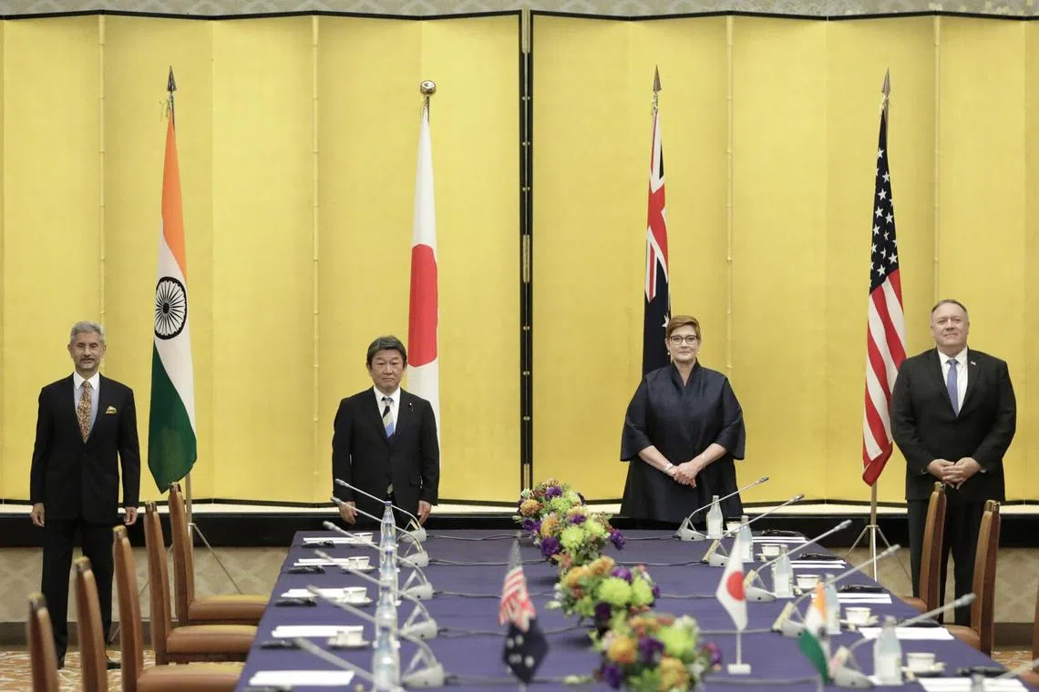 (From left) India's Foreign Minister S. Jaishankar, Japan's then Foreign Minister Toshimitsu Motegi, Australia's then Foreign Minister Marise Payne and then US Secretary of State Michael Pompeo prior to aQuadrilateral Security Dialogue ministerial meeting in Tokyo in 2020.