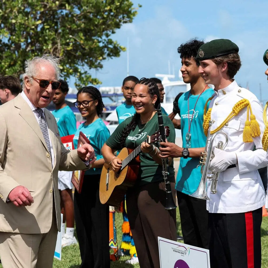 Britain's King Charles meets with youth at Royal Naval Dockyard in Sandys Parish in Bermuda on May 1.