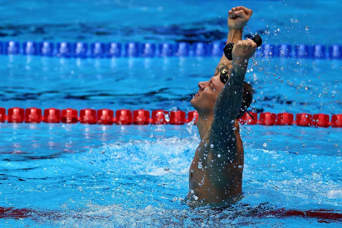 Caeleb Dressel of the United States reacting after winning the men's 100m butterfly final at the 2024 US Olympic Team Swimming Trials at Lucas Oil Stadium on June 22, 2024 in Indianapolis, Indiana.   Maddie Meyer/Getty Images/AFP (Photo by Maddie Meyer / GETTY IMAGES NORTH AMERICA / Getty Images via AFP)