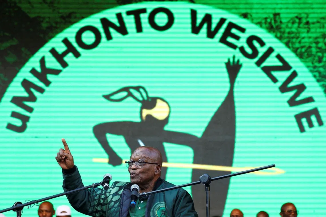 FILE PHOTO: Former South African President Jacob Zuma speaks to his suppoters during the launch of the election manifesto of his new political party, uMkhonto we Sizwe, ahead of a general election on May 29, at a rally in Soweto, South Africa, May 18, 2024. REUTERS/Siphiwe Sibeko/File Photo