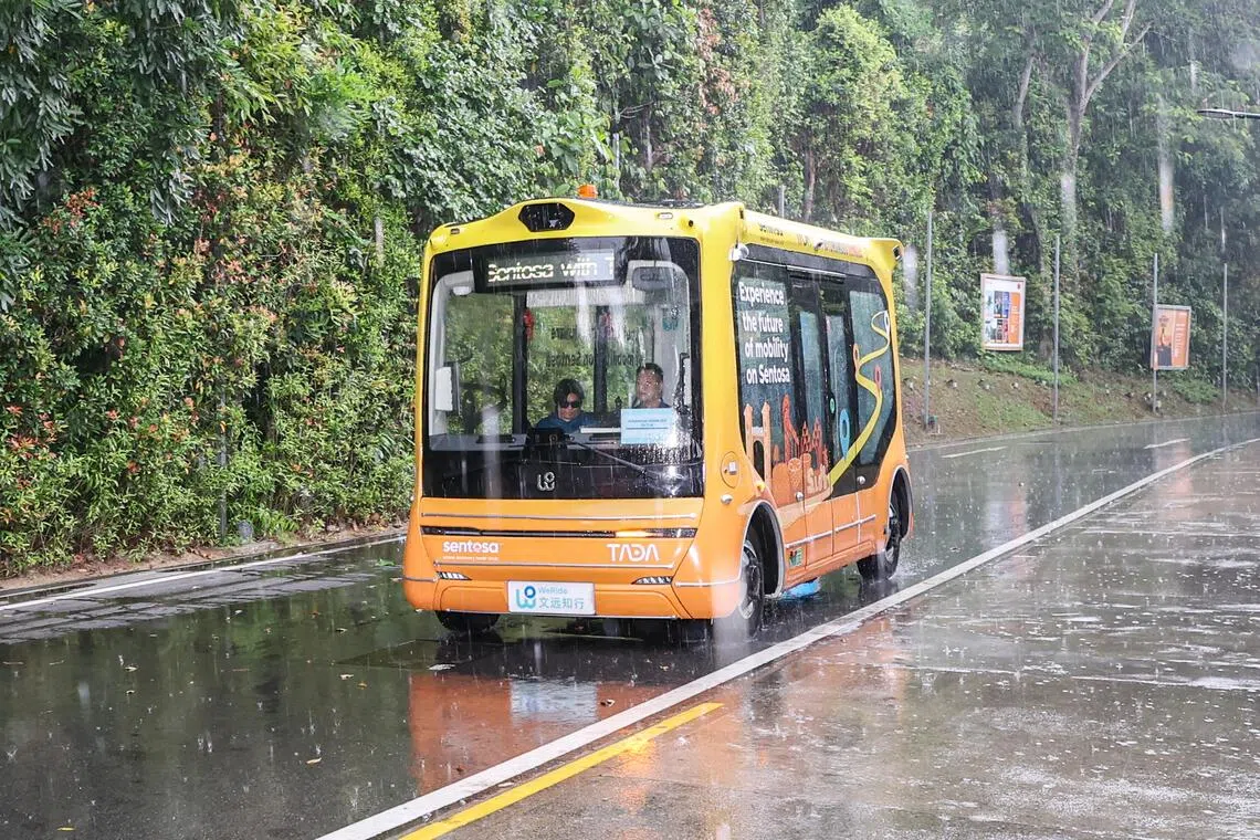 A preview of Sentosa’ss on-demand autonomous robobus service, developed with TADA Mobility (Singapore) Pte Ltd, along Siloso Beach Walk on Oct 29.