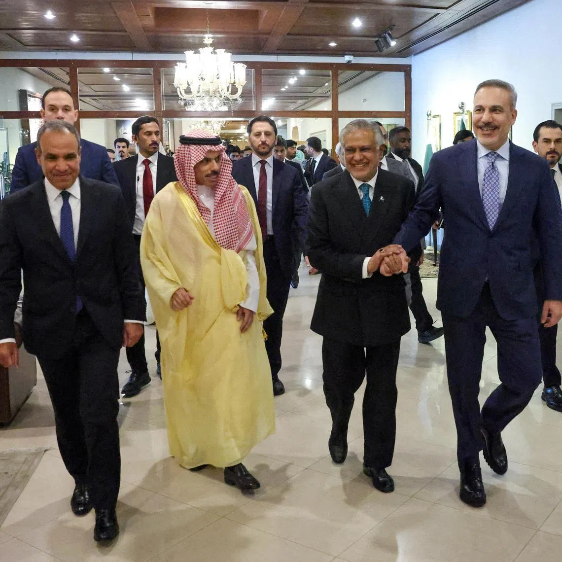 FILE PHOTO: Foreign Ministers Badr Abdelatty?of Egypt, Prince Faisal bin Farhan Al Saud of Saudi Arabia, Ishaq Dar of Pakistan and Hakan Fidan of Turkey meet to discuss regional de-escalation, amid the U.S.-Israel conflict with Iran, in Islamabad, Pakistan, March 29, 2026. Muammer Tan/Turkish Foreign MinistryHandout via REUTERS /File Photo
