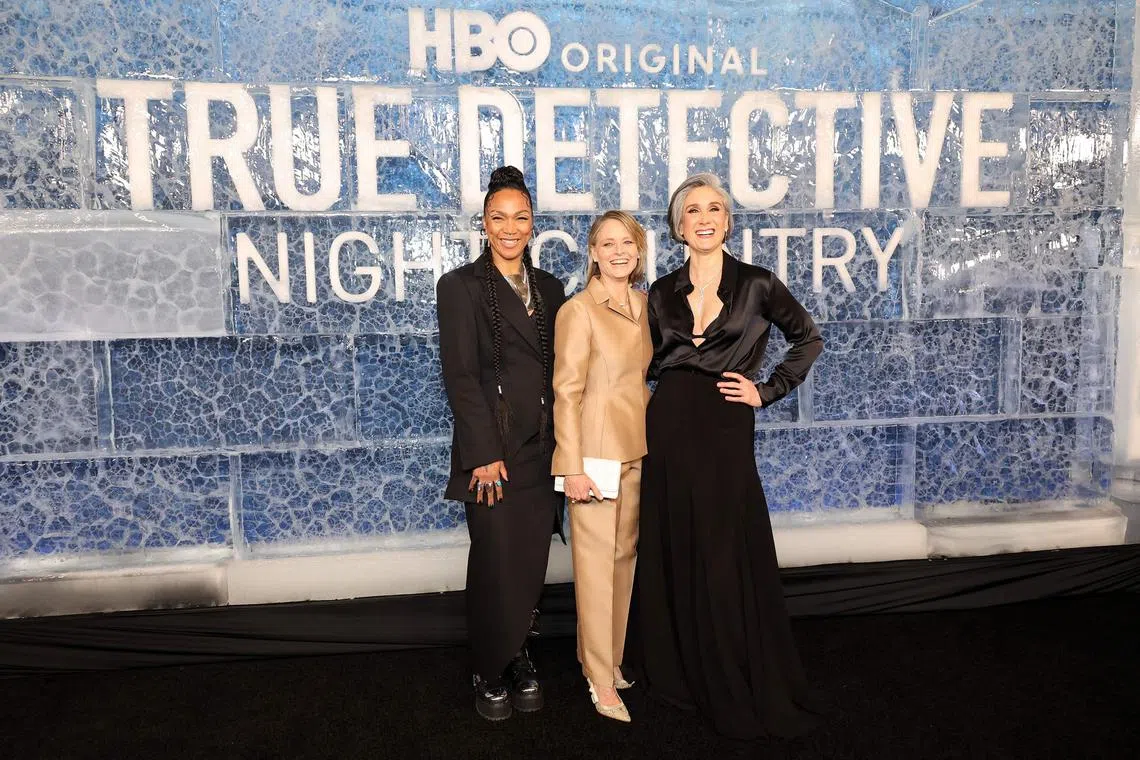(L-R) Actresses Kali Reis and Jodie Foster, and director Issa Lopez at the Los Angeles premiere of True Detective: Night Country on Jan 9, 2024.