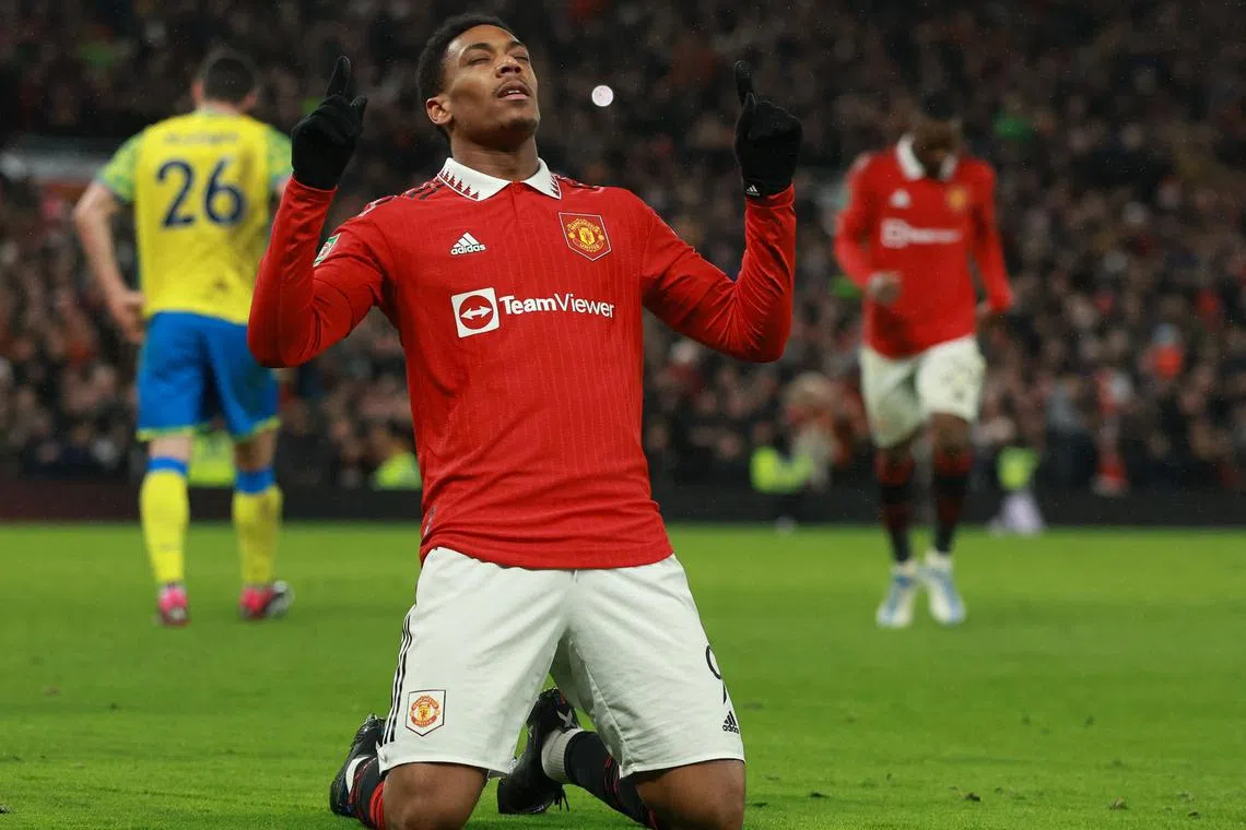 Anthony Martial celebrates scoring Manchester United's first goal.