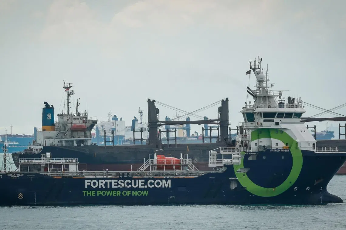 Fortescue Green Pioneer, an ammonia-powered vessel, off Marina South Pier, April 8, 2024.