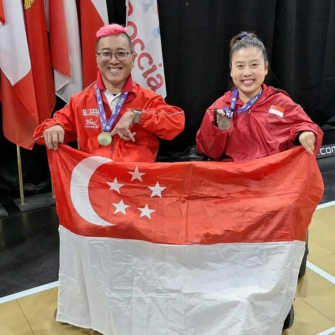 Singapore's Jovin Tan (left) and Jeralyn Tan win a BC1 male gold and BC1 female bronze respectively at the Montreal 2026 World Boccia Cup.