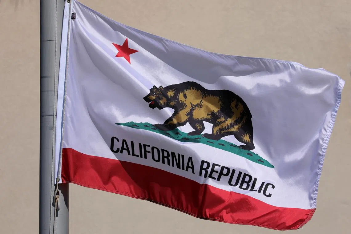 The state flag of California flies on a flag pole in San Diego, California, U.S., October 6, 2017.       REUTERS/Mike Blake