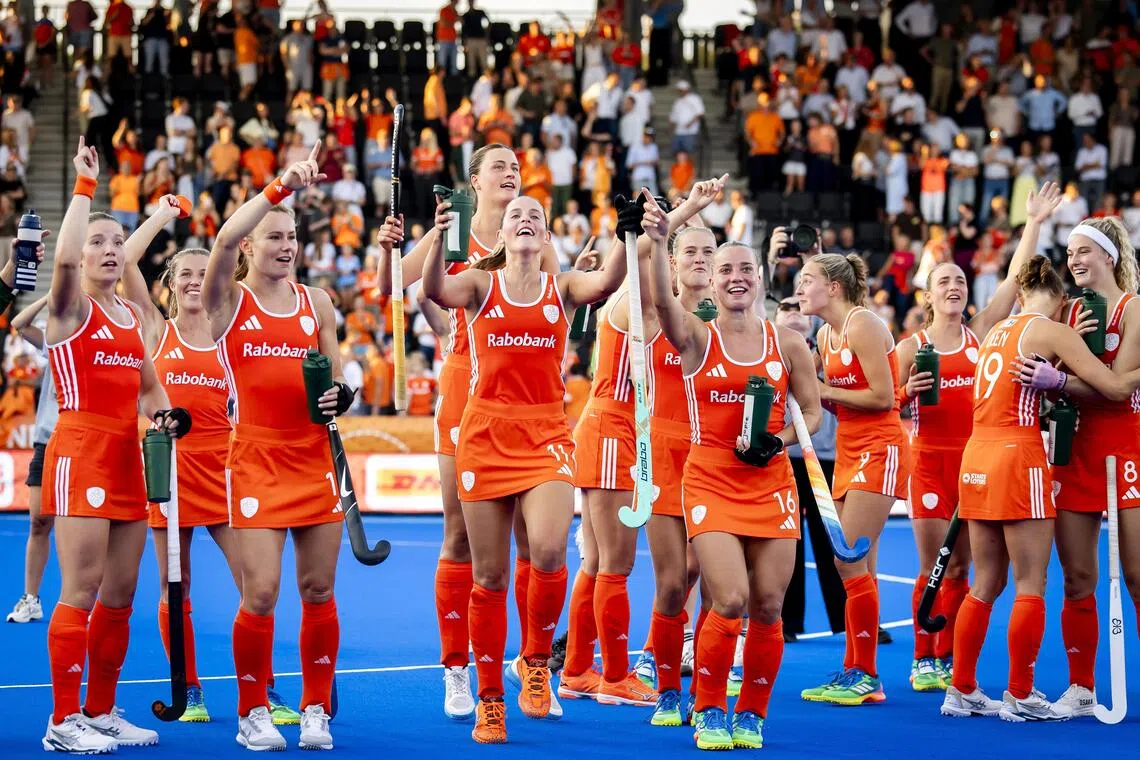 Dutch players celebrate victory over Belgium in the Hockey World Cup semi-final at the Wagener Stadium, Amstelveen in the Netherlands on Aug 27, 2026.