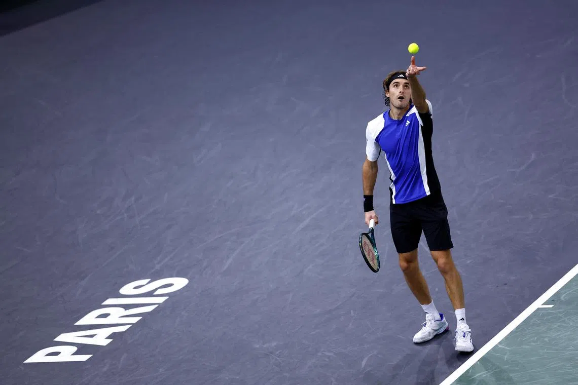 FILE PHOTO: Tennis - Paris Masters - Accor Arena, Paris, France - November 1, 2024 Greece's Stefanos Tsitsipas in action during his quarter final match against Germany's Alexander Zverev REUTERS/Stephanie Lecocq/File photo