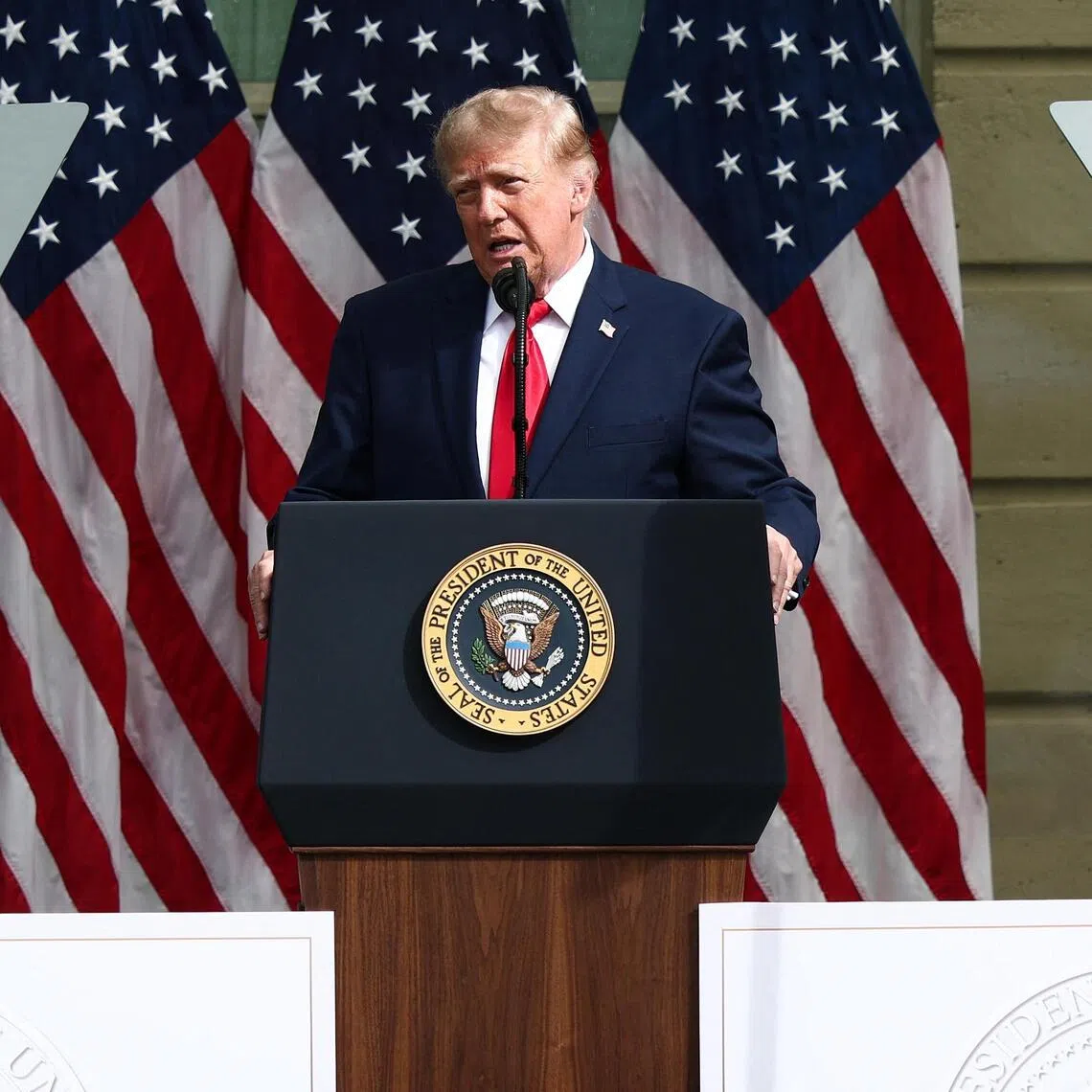 US President Donald Trump speaking during a ceremony commemorating the 25th anniversary of the Sept 11 terrorist attacks in the courtyard of the Pentagon on Sept 11.