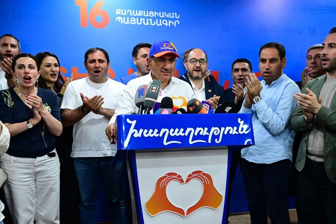 Armenian Prime Minister Nikol Pashinyan holds a press conference following at his Civil Contract party's headquarters in Yerevan early on June 8. His party won 49.8 per cent of votes.