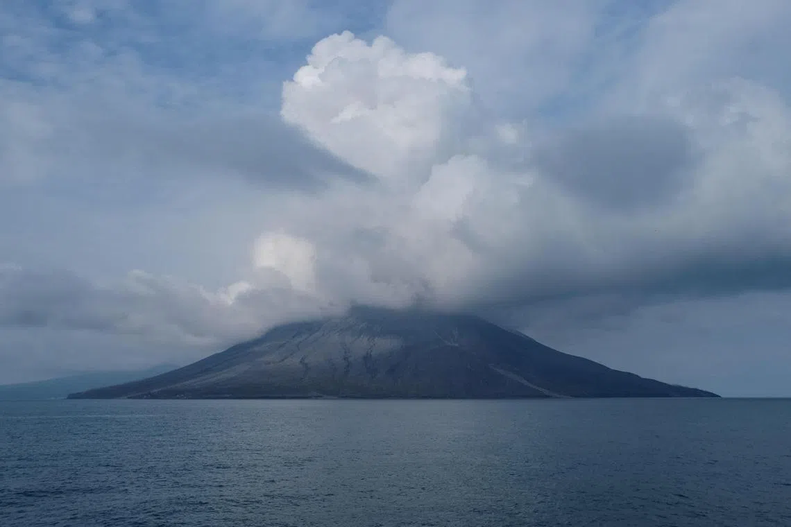 Mount Ruang volcano is seen from Sitaro, North Sulawesi, on May 1, 2024. 