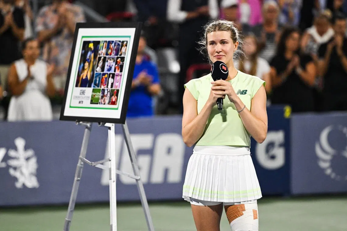 Eugenie Bouchard addressing the crowd during her retirement ceremony at the Canadian Open in Montreal on July 30.