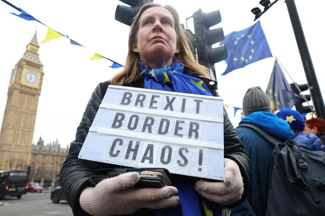 FILE PHOTO: An anti-Brexit demonstrator protests near the Houses of Parliament in London, Britain, January 31, 2024. REUTERS/Toby Melville/File Photo
