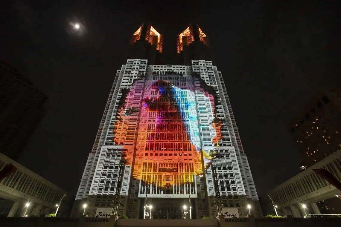 The Tokyo Metropolitan Government Building No. 1 transforms into the world’s largest digital canvas, featuring spectacular displays like this Godzilla projection. 