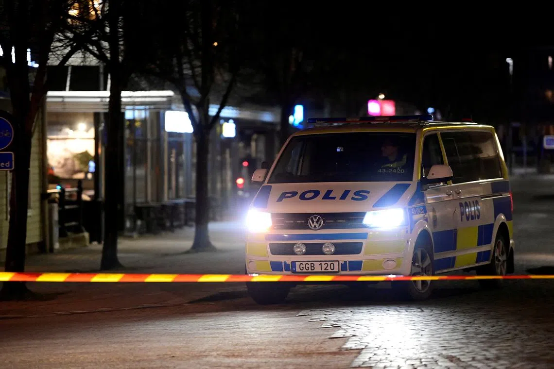 FILE PHOTO: Police work at a knife attack site in Vetlanda, Sweden March 3, 2021. TT News Agency/Mikael Fritzon via REUTERS/File Photo