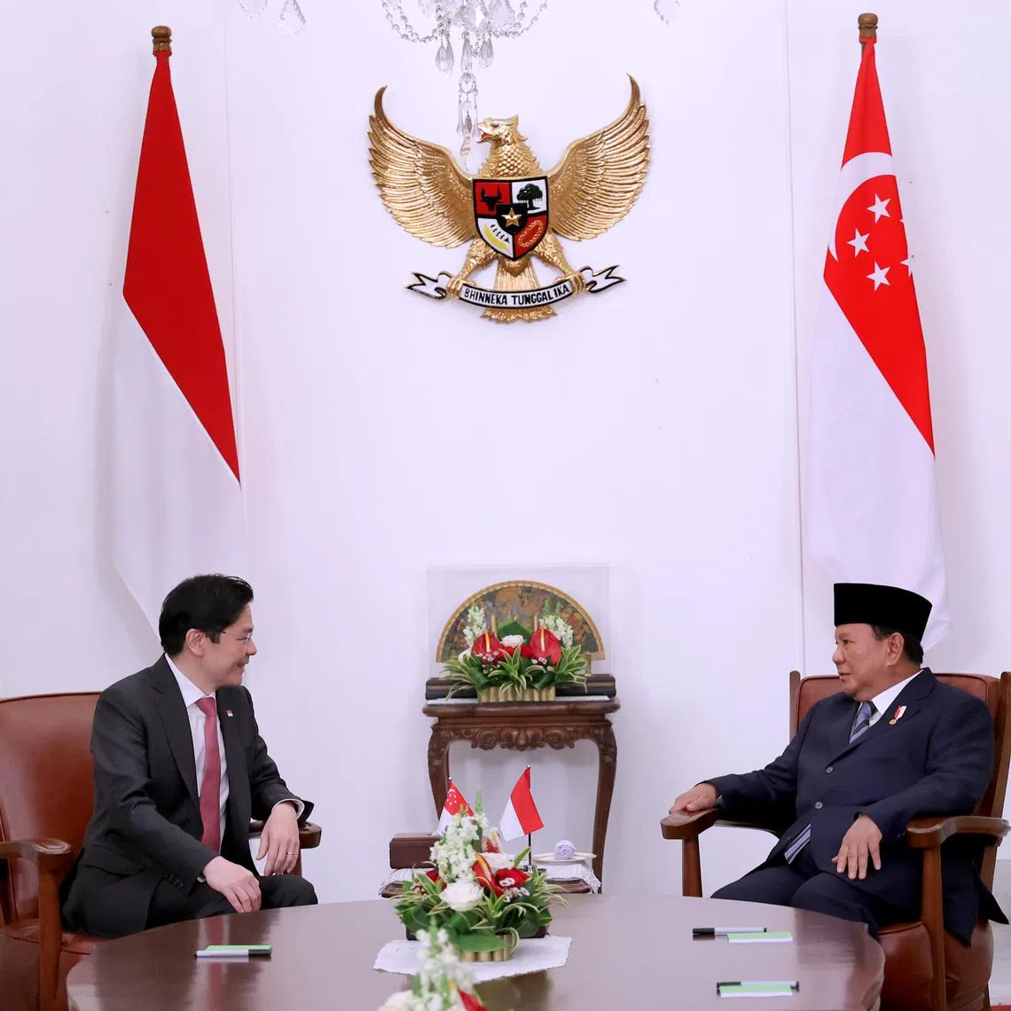 Prime Minister Lawrence Wong meeting His Excellency Prabowo Subianto, President of the Republic of Indonesia, on Oct 20, 2024.