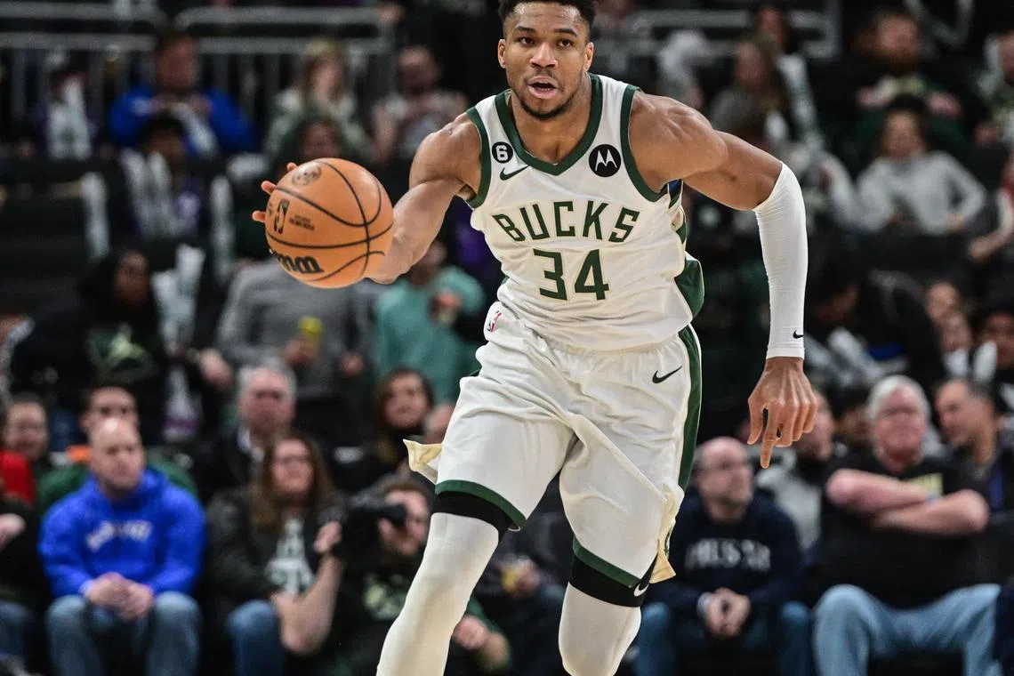 Jan 29, 2023; Milwaukee, Wisconsin, USA; Milwaukee Bucks forward Giannis Antetokounmpo (34) brings the ball downcourt in the third quarter during game against the New Orleans Pelicans at Fiserv Forum. Mandatory Credit: Benny Sieu-USA TODAY Sports