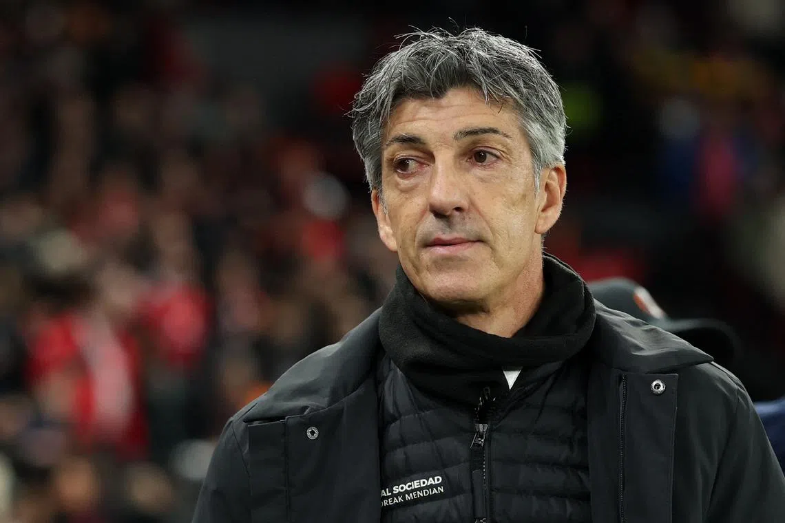 FILE PHOTO: Soccer Football - Europa League - Round of 16 - Second Leg - Manchester United v Real Sociedad - Old Trafford, Manchester, Britain - March 13, 2025  Real Sociedad coach Imanol Alguacil before the match REUTERS/Phil Noble/File Photo