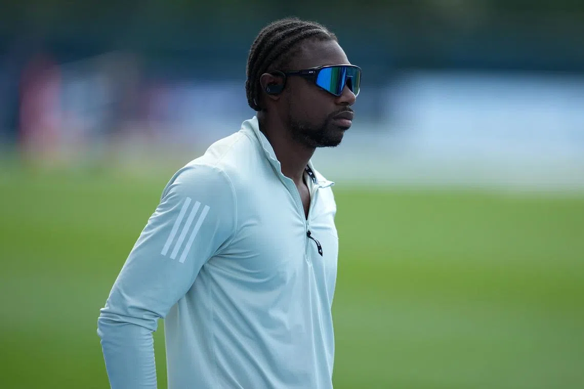Jul 22, 2026; New York, NY, USA; Noah Lyles during a training session prior to the USATF Championships  at Icahn Stadium. Mandatory Credit: Kirby Lee-Imagn Images