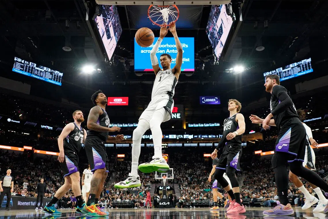 San Antonio Spurs forward Victor Wembanyama dunking during the second half of the 127-114 NBA loss to the Utah Jazz at Frost Bank Center on Dec 27, 2025